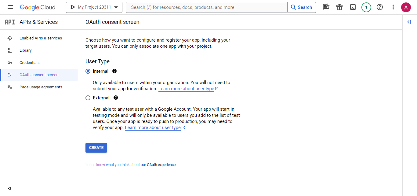 Screenshot showing The OAuth consent screen settup step in Google API Console